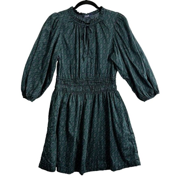 GAP Women Dress Size M Green Mini Floral Puff Sleeve Smocked Pocket Cotton 24-16 - Picture 1 of 13